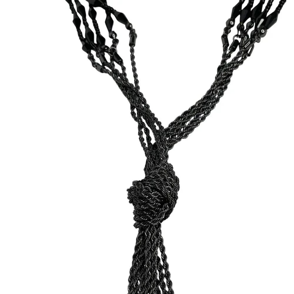 NWT WHBM Black Beaded Knotted Tassel Necklace with Adjustable Chain‎ 17-20